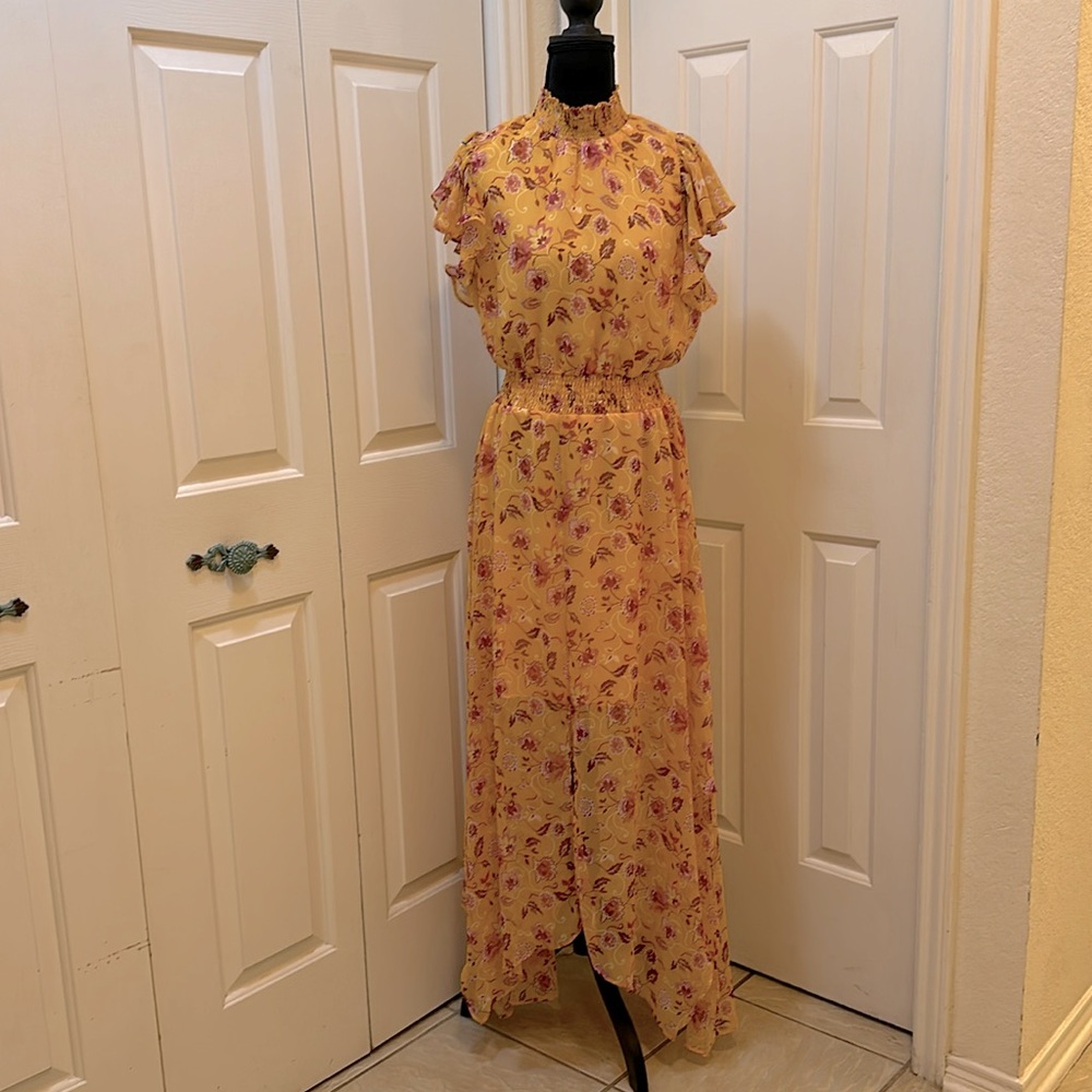 MSK Yellow Floral Midi Maxi Dress mustard chiffon mock neck elastic boho